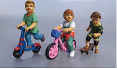 Prehm-Miniaturen 500112 Children Playing Set 2, w/Skateboard, Tricycle and Scooter - 3 Metal Figures