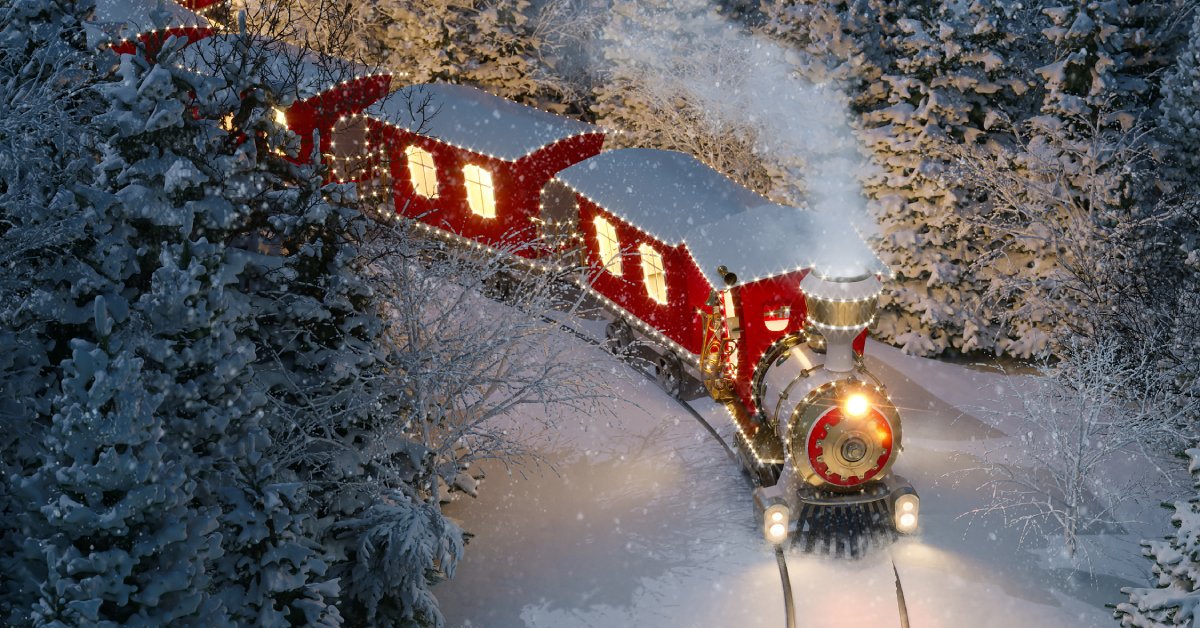  A red and white Christmas train driving through a winter forest, lighting up the area around it with lights from the cabins.